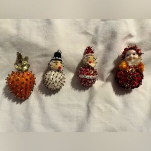 Vtg Hand crafted Christmas Ornaments Set of 4: Strawberry, Snowman, Santa, Gnome